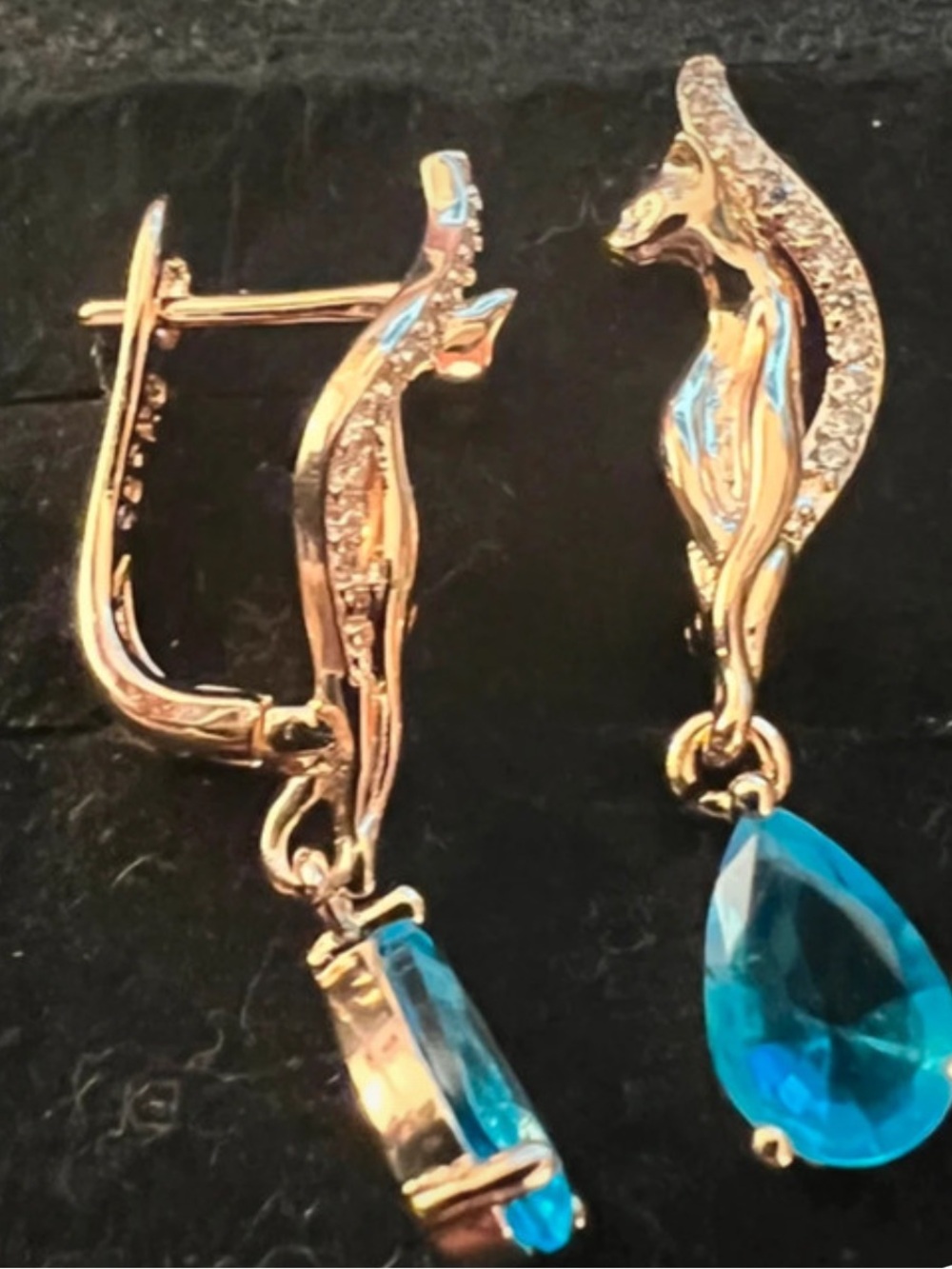 “New” Gold Over Sterling Silver Leverback Earrings With Pear Shaped Blue Topaz